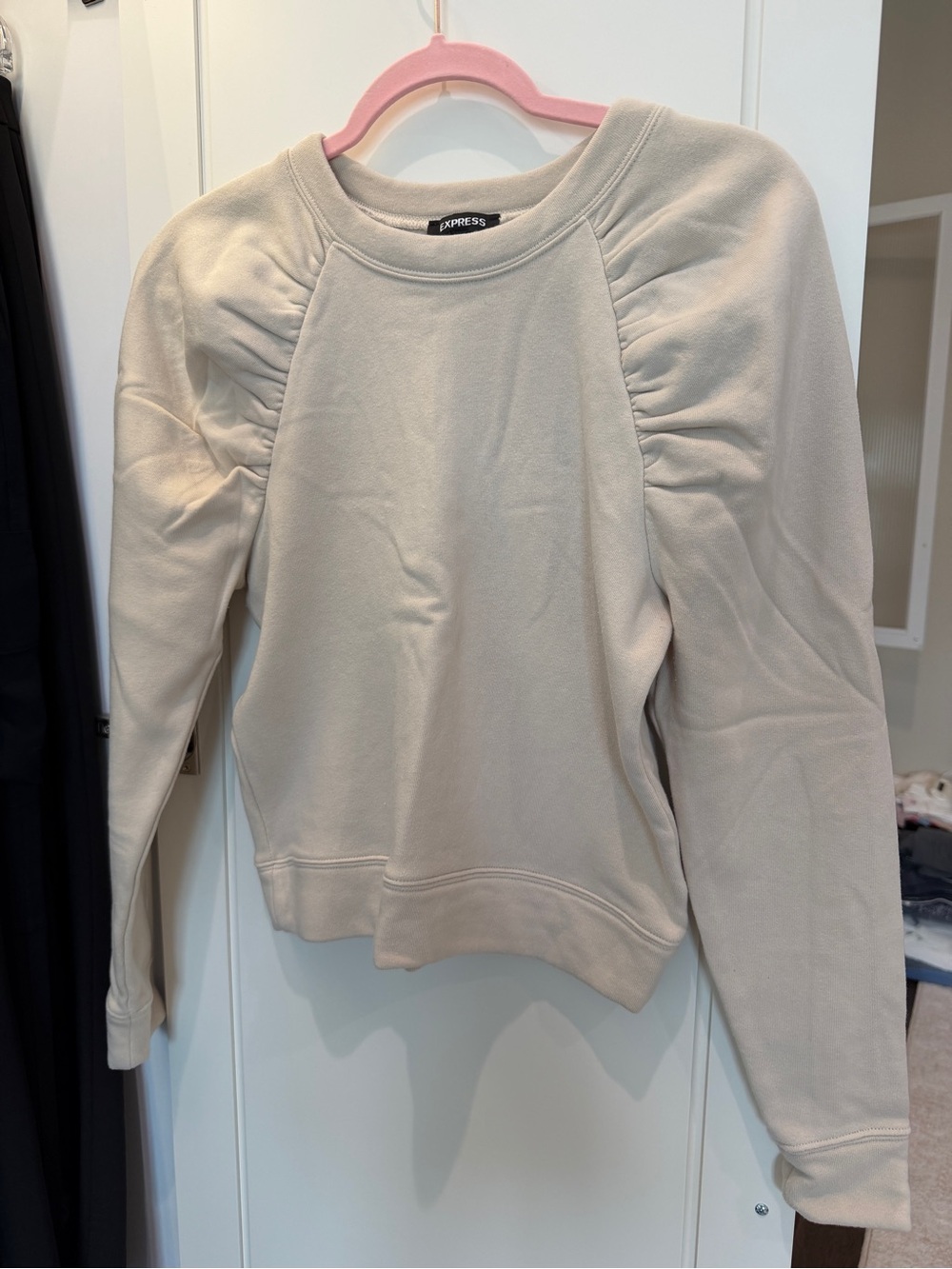 Express Stone Crewneck Sweatshirt with Subtle Ruched Shoulders